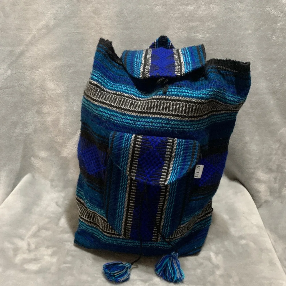 Lillo Woven Drug Rug Backpack Blue Black Striped Boho Drawstring Rucksack
